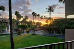 Our nightly Lanai view of the fountains and Hawaiian Sunsets over Kam III